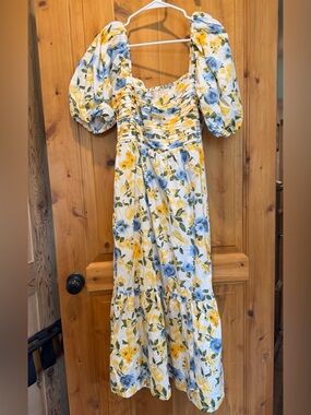 Francesca's Collections Yellow & Blue Floral Puff-Sleeve Midi Dress
